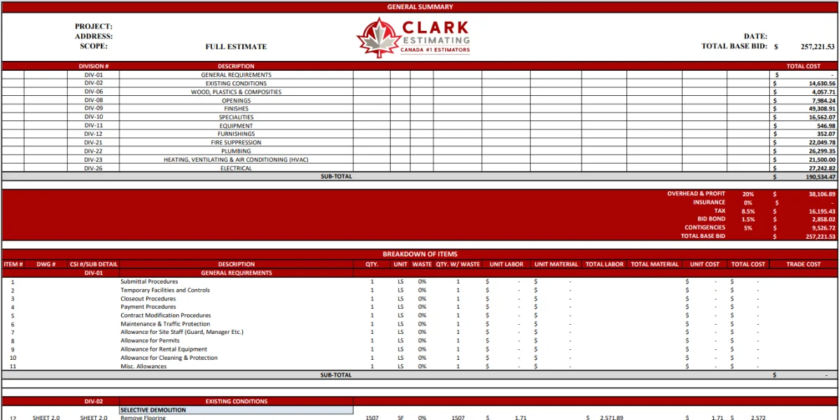 Clark Estimating Sample Image